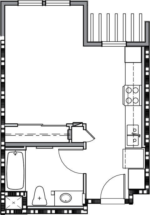 Floor plan for studio, 1 bath, 455 sqft